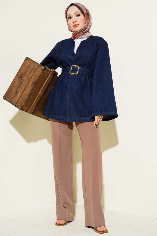 Giacca Di Jeans Blu Navy Con Cintura