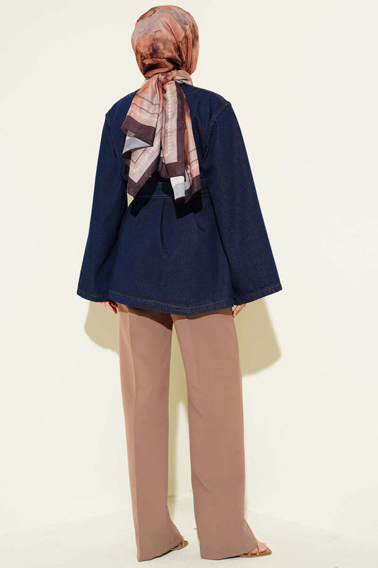 Giacca Di Jeans Blu Navy Con Cintura