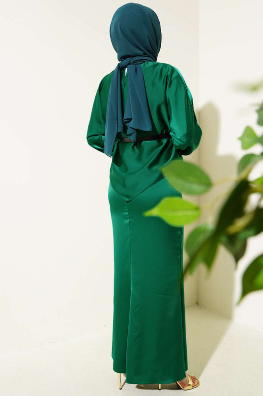 Belted Satin Pencil Skirt Two Piece Set Emerald