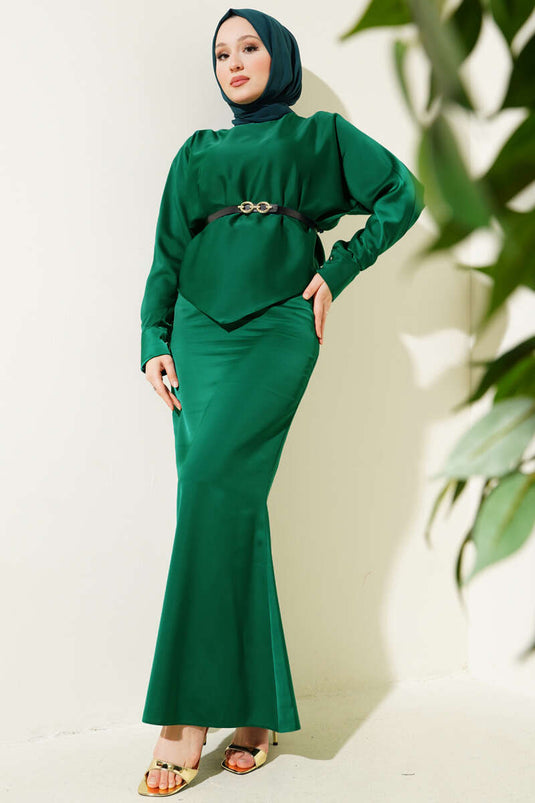 Belted Satin Pencil Skirt Two Piece Set Emerald