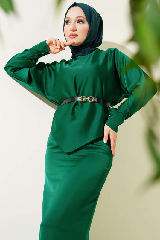 Belted Satin Pencil Skirt Two Piece Set Emerald