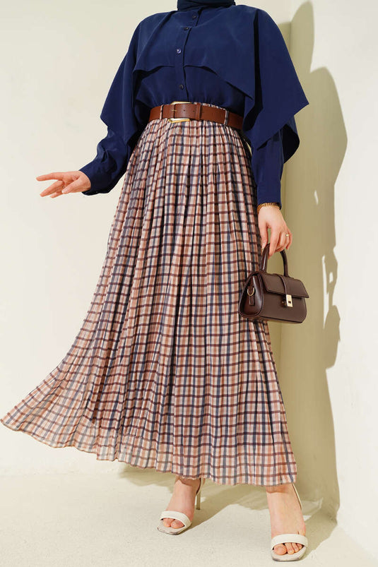 Beige Pleated Checked Skirt with Belt