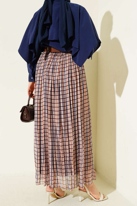 Jupe plissée serrée à carreaux avec ceinture beige