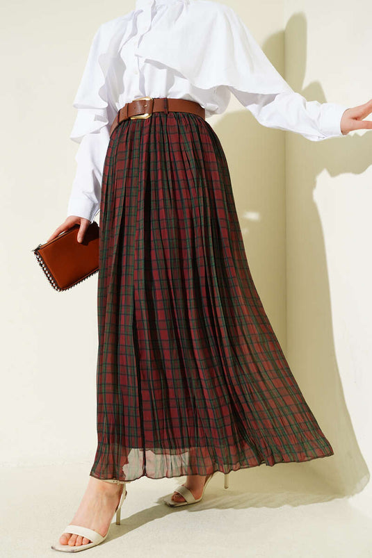 Belted Dense Pleated Checked Skirt Brown
