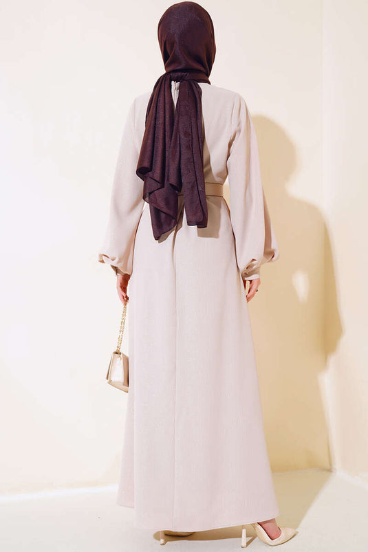 فستان لامع بحزام باللون البيج