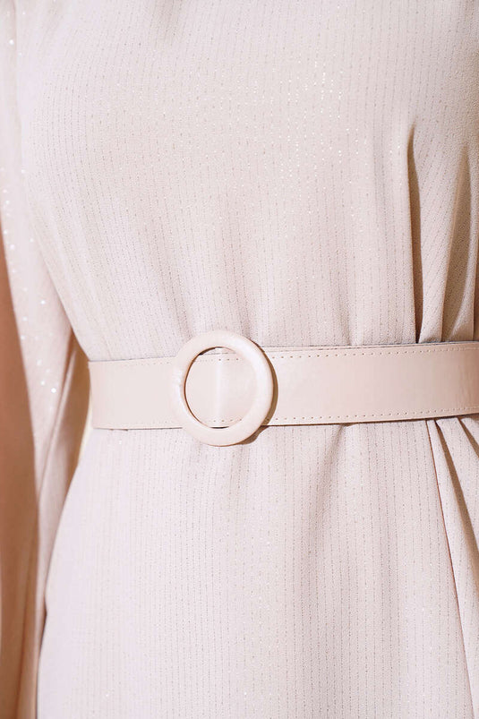 فستان لامع بحزام باللون البيج