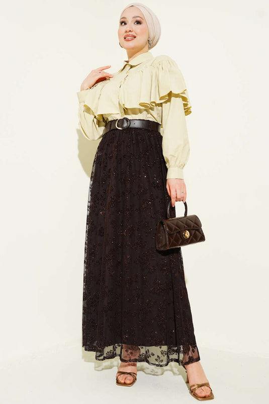 تنورة تول متسعة لامعة بحزام بلون بني داكن