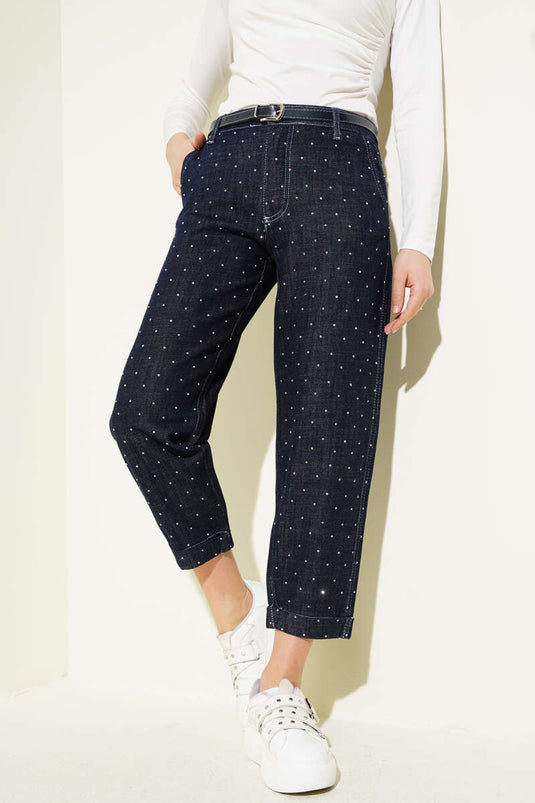 Jean ceinturé orné de pierres bleu marine