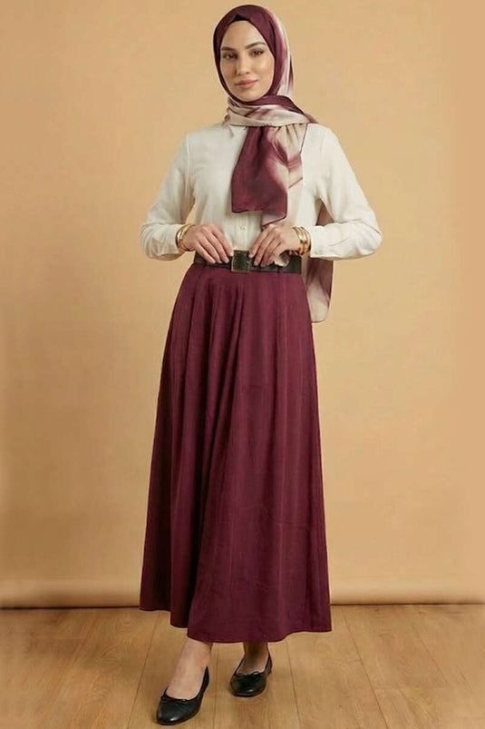 Belted Tencel Pleated Skirt Burgundy