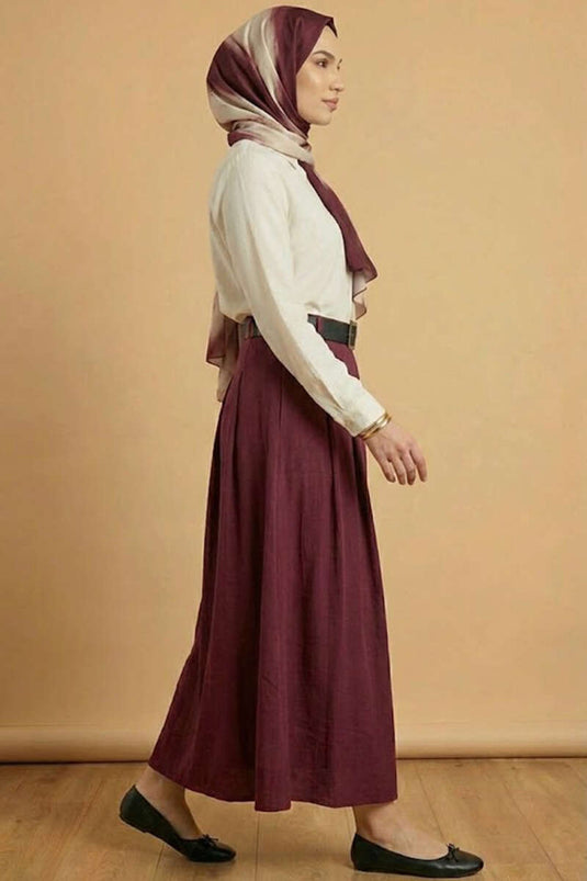 Belted Tencel Pleated Skirt Burgundy