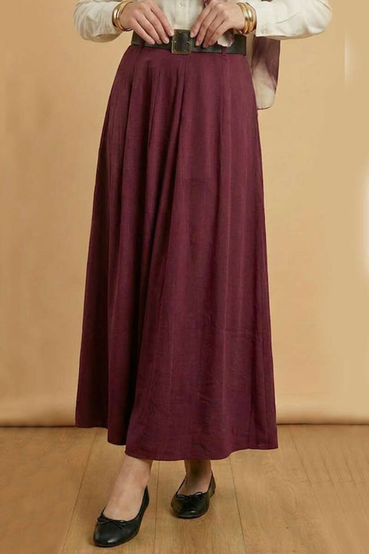 Belted Tencel Pleated Skirt Burgundy