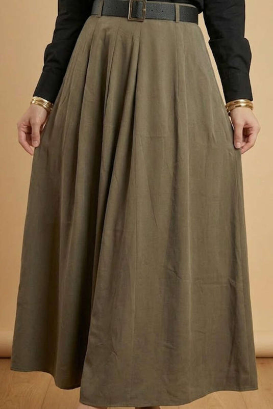 Belted Tencel Pleated Skirt Khaki