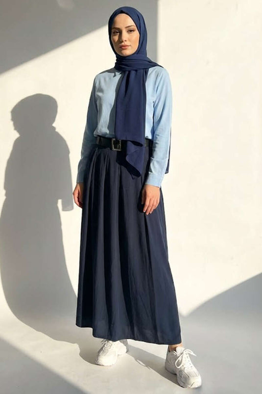 Navy Blue Tensel Pleated Skirt with Belt