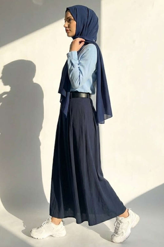 Navy Blue Tensel Pleated Skirt with Belt