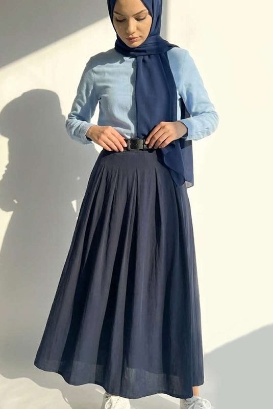 Navy Blue Tensel Pleated Skirt with Belt