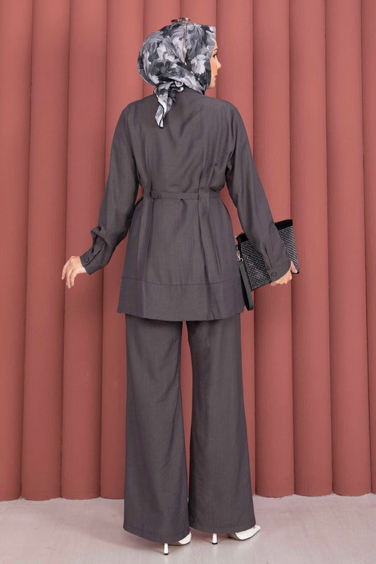Charcoal Belted Tunic and Pants Set