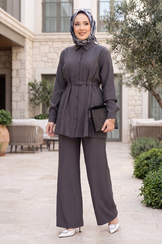 Charcoal Belted Tunic and Pants Set
