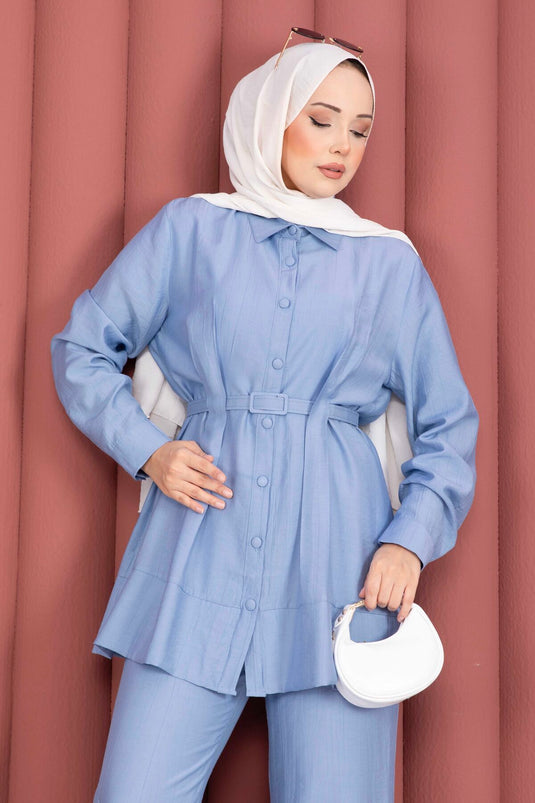 Ensemble Deux Pièces Tunique Ceinturée et Pantalon Bleu Bébé