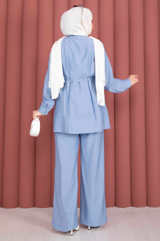 Kemerli Tunik Pantolon İkili Takım Bebe Mavisi