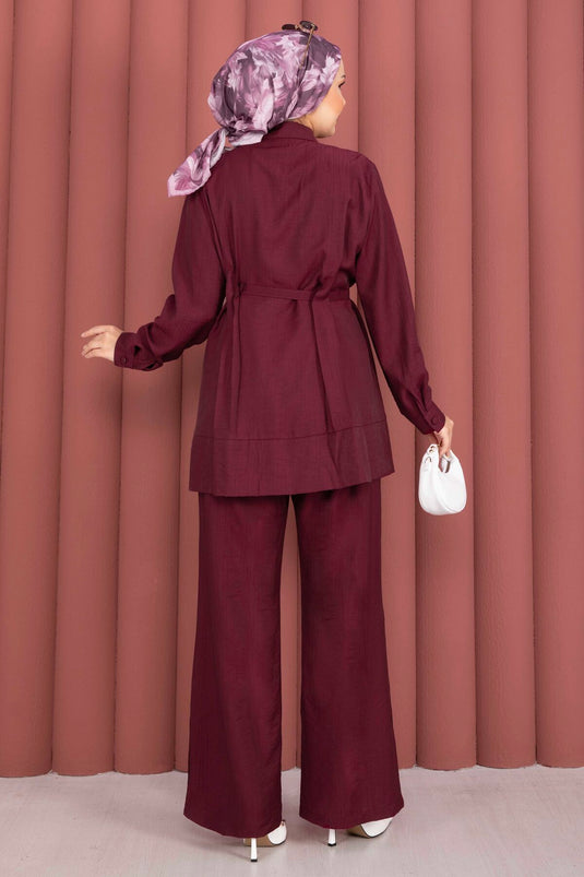 Kemerli Tunik Pantolon İkili Takım Bordo