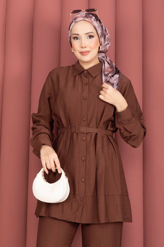 Kemerli Tunik Pantolon İkili Takım Kahve