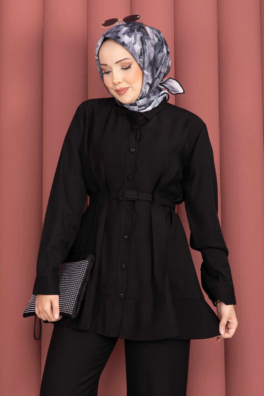 Ensemble deux pièces tunique ceinturée et pantalon noir