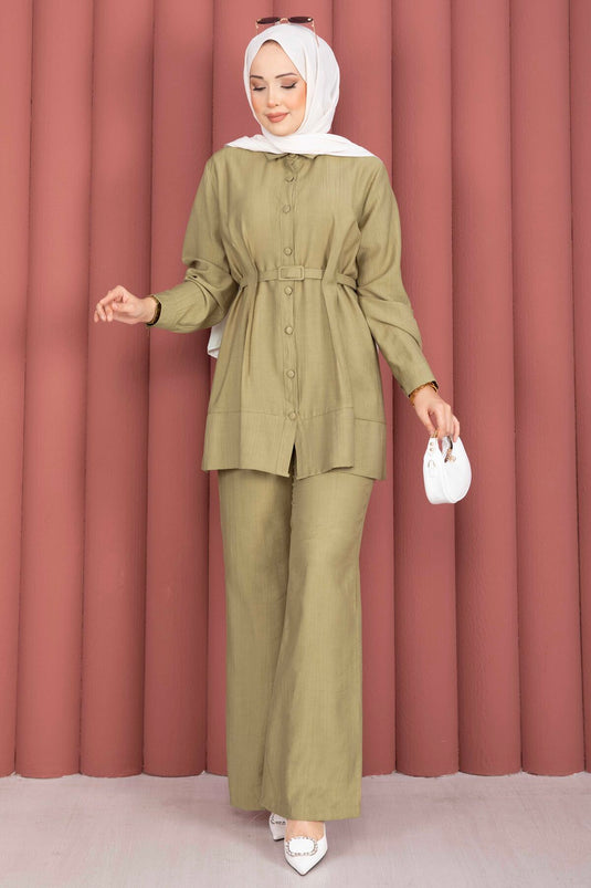 Kemerli Tunik Pantolon İkili Takım Yeşil Olive