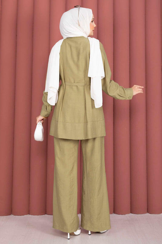 Kemerli Tunik Pantolon İkili Takım Yeşil Olive