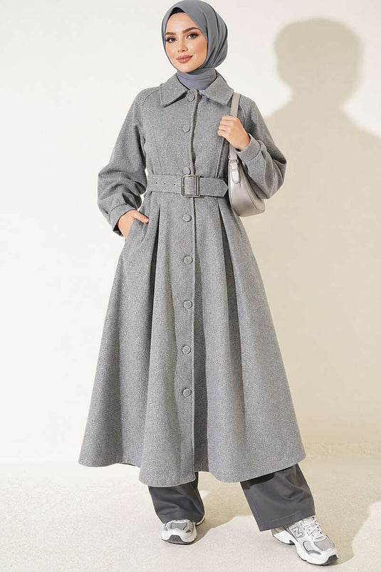 Manteau Long En Laine Avec Ceinture Anthracite
