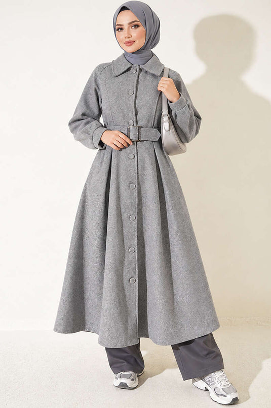 Manteau Long En Laine Avec Ceinture Anthracite