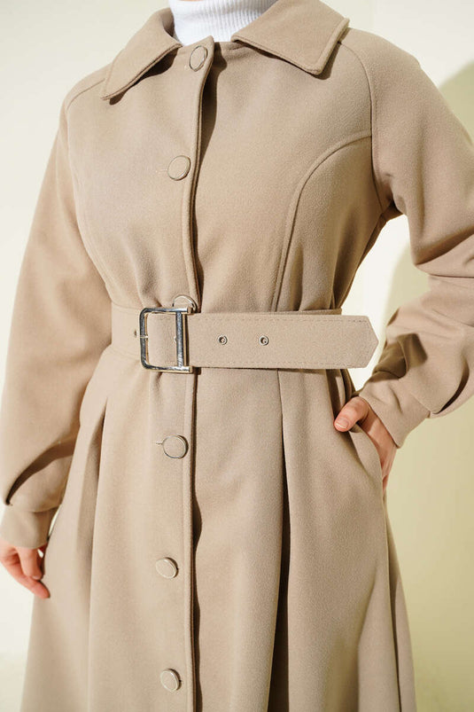 Belted Long Cashmere Coat Beige
