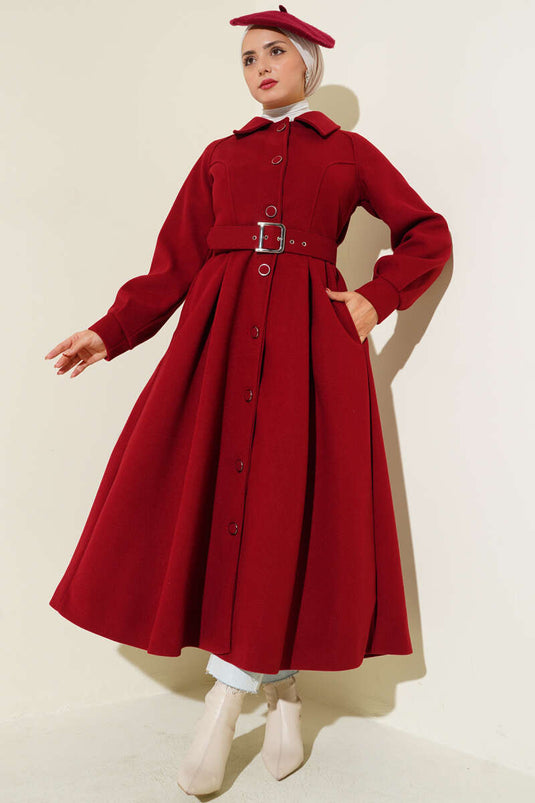Manteau long en cachemire ceinturé bordeaux