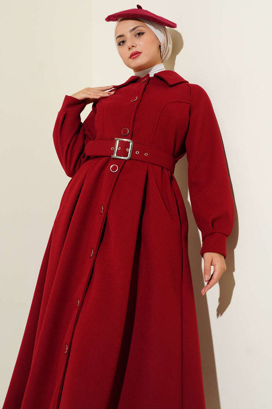 Manteau long en cachemire ceinturé bordeaux