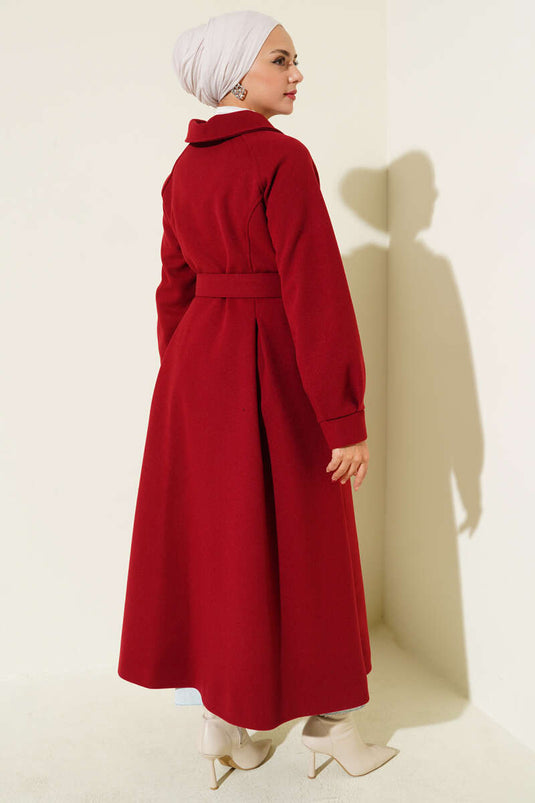 Manteau long en cachemire ceinturé bordeaux