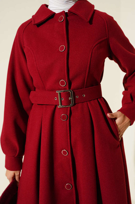 Manteau long en cachemire ceinturé bordeaux