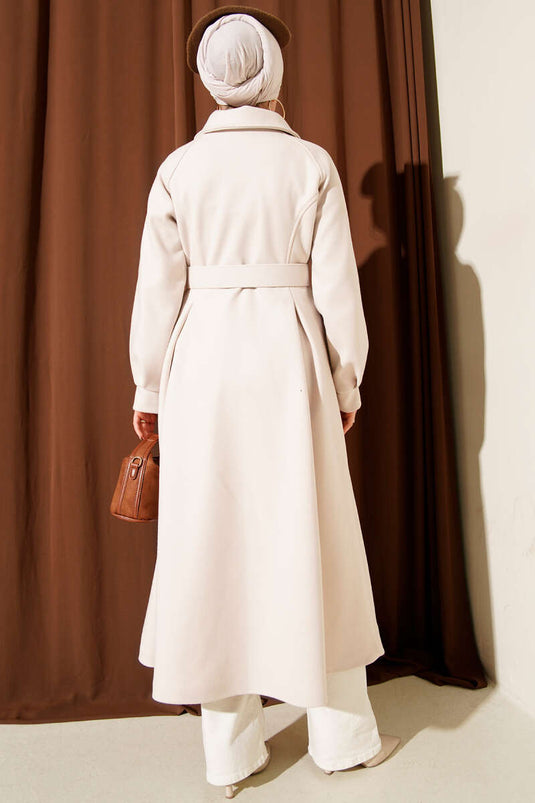 Kemerli Uzun Kaşe Kaban Ekru