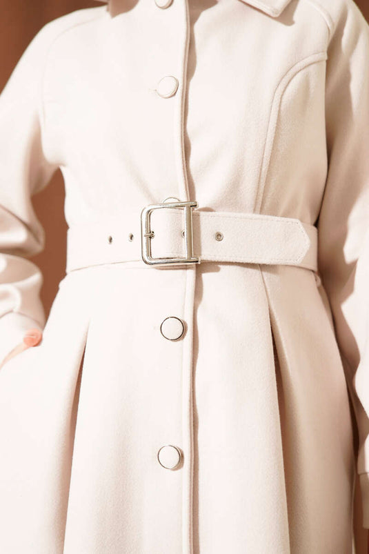 Kemerli Uzun Kaşe Kaban Ekru