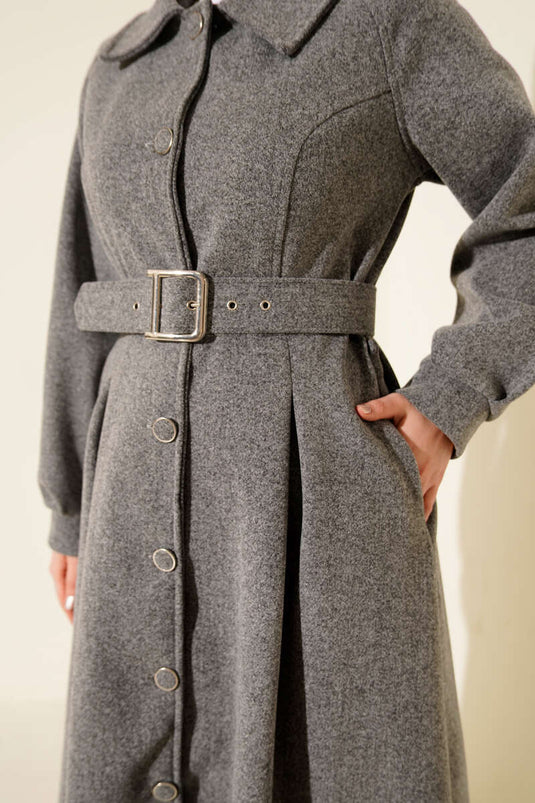Manteau long en laine à ceinture, couleur fumée