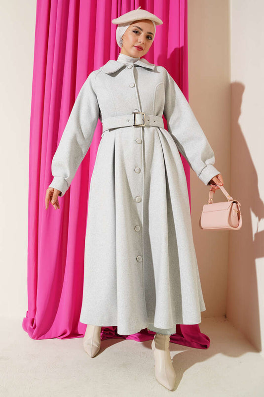 Manteau long en cachemire ceinturé gris