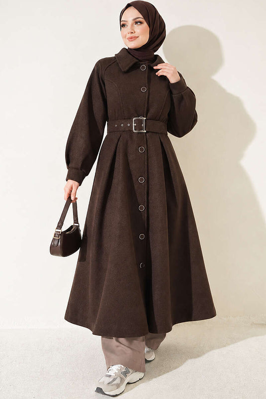 Cappotto Lungo In Lana Con Cintura Marrone