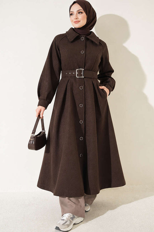 Cappotto Lungo In Lana Con Cintura Marrone