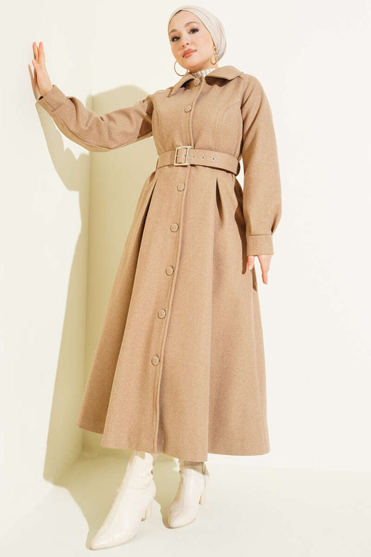 Manteau long en cachemire ceinturé couleur latte