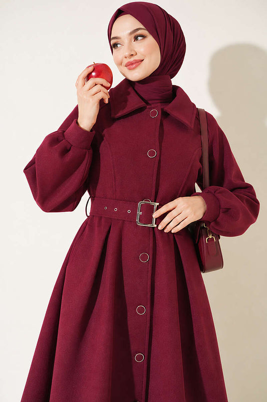 Cappotto Lungo In Lana Con Cintura In Aubergine