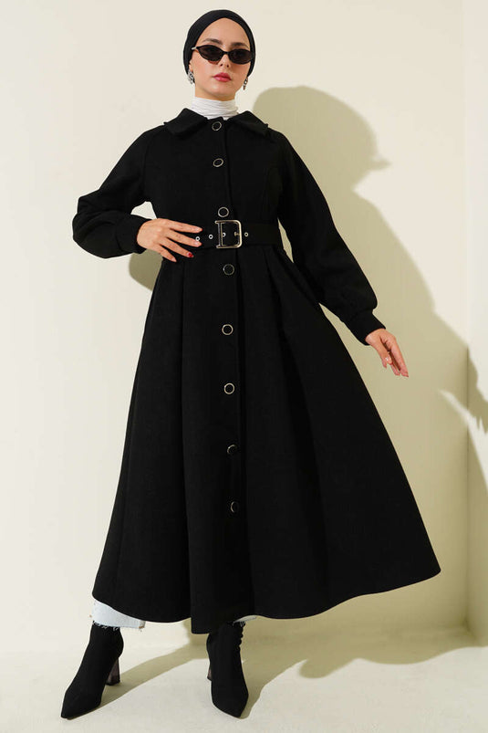 Manteau long en cachemire avec ceinture noir