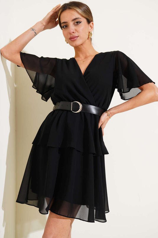Belted V-Neck Chiffon Mini Dress Black