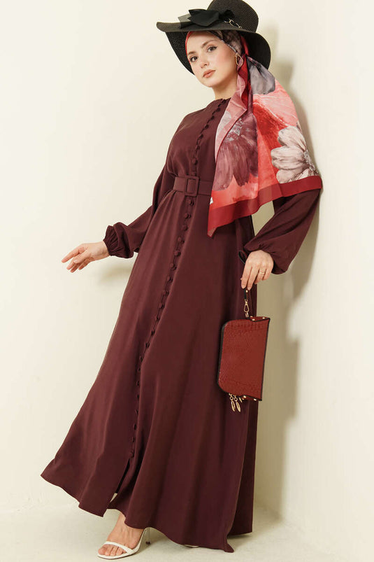 Kleid aus Modal mit Gürtel, halblang, mit Knöpfen, bordeauxrot