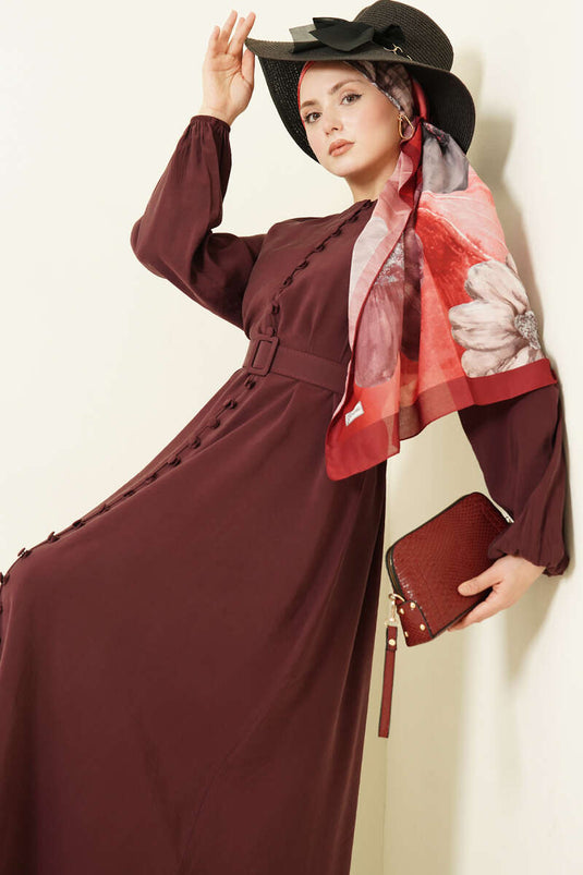 Kleid aus Modal mit Gürtel, halblang, mit Knöpfen, bordeauxrot