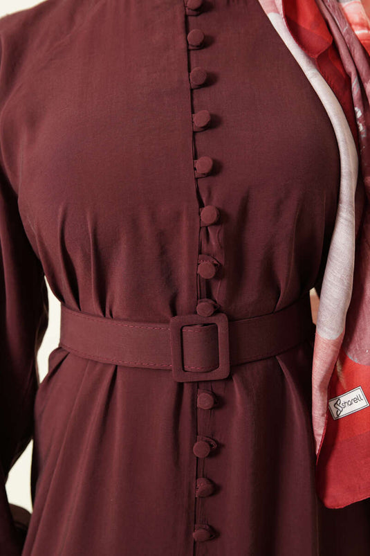 Kleid aus Modal mit Gürtel, halblang, mit Knöpfen, bordeauxrot