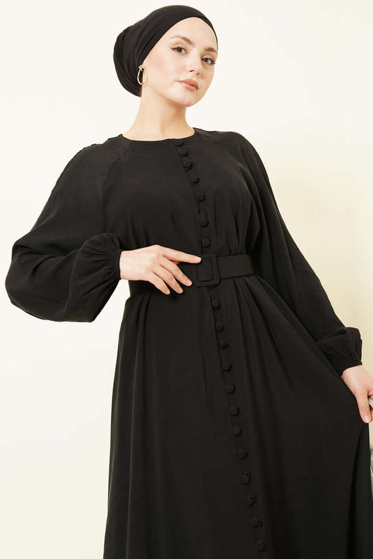 Kleid aus Modal mit halbem Kragen, Knöpfen und Gürtel, Schwarz