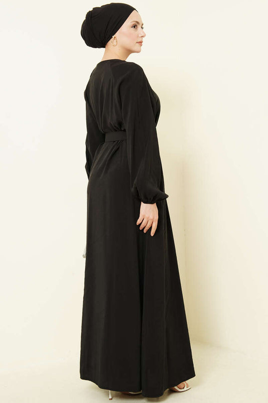 Kleid aus Modal mit halbem Kragen, Knöpfen und Gürtel, Schwarz